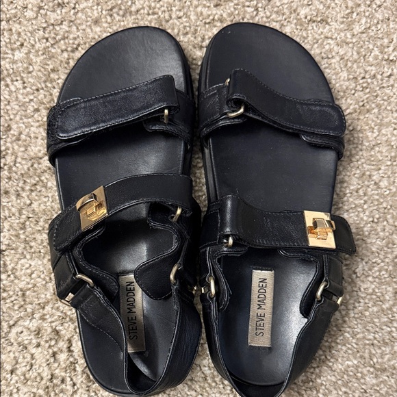 Steve Madden Black Sandals with Gold Accents - Picture 3 of 8